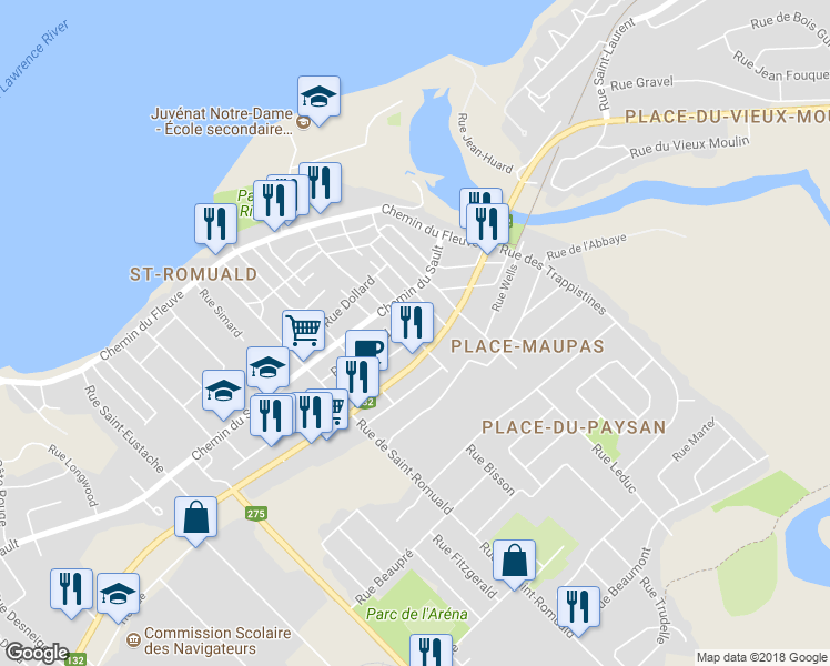 map of restaurants, bars, coffee shops, grocery stores, and more near 275 Rue Saint Robert in Lévis