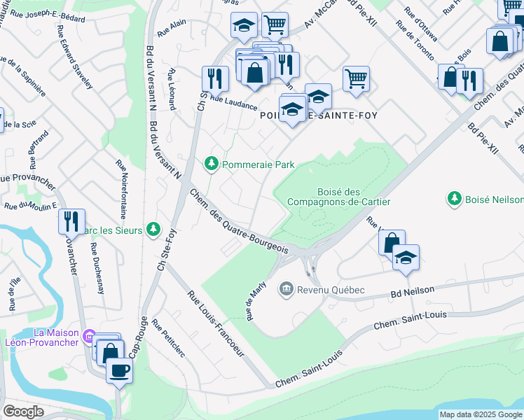 map of restaurants, bars, coffee shops, grocery stores, and more near 3775 Avenue des Compagnons in Québec