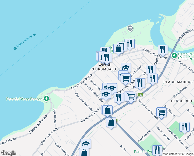 map of restaurants, bars, coffee shops, grocery stores, and more near 84 Rue du Collège in Lévis