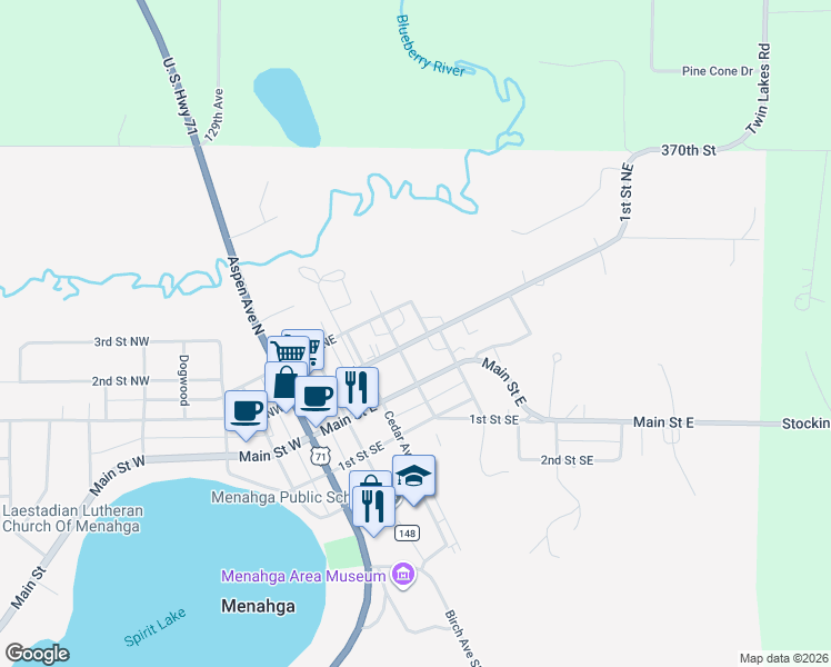 map of restaurants, bars, coffee shops, grocery stores, and more near 317 County Highway 21 in Menahga