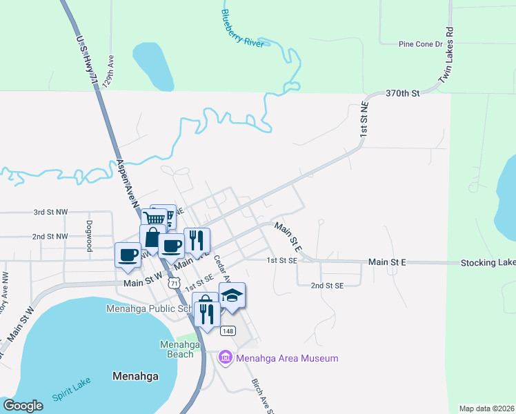 map of restaurants, bars, coffee shops, grocery stores, and more near 412 County Highway 21 in Menahga