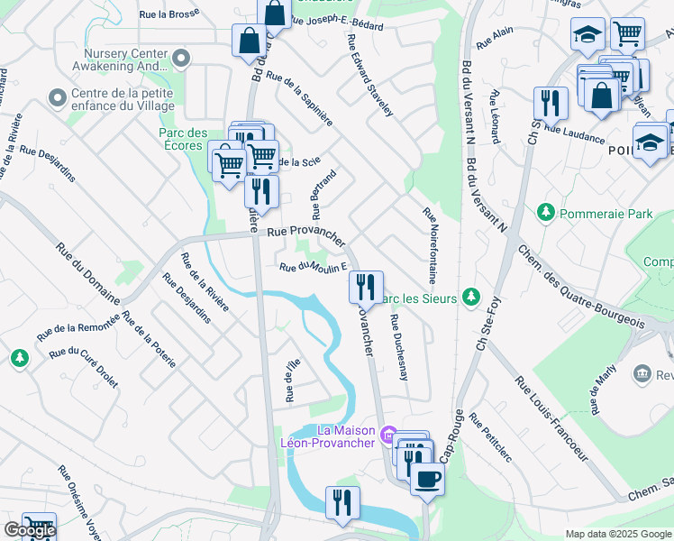 map of restaurants, bars, coffee shops, grocery stores, and more near 4191 Rue du Moulin Est in Ville de Québec
