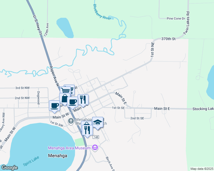 map of restaurants, bars, coffee shops, grocery stores, and more near 412 County Highway 21 in Menahga