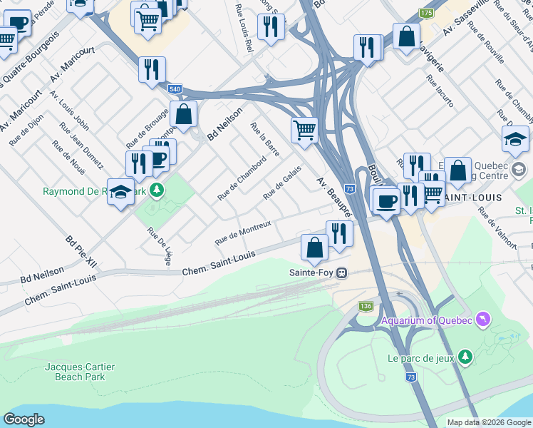 map of restaurants, bars, coffee shops, grocery stores, and more near 1171 Rue Brophy in Québec