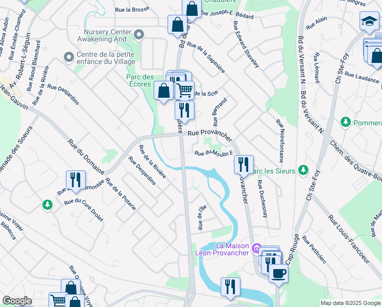 map of restaurants, bars, coffee shops, grocery stores, and more near 4239 Rue du Moulin Est in Québec