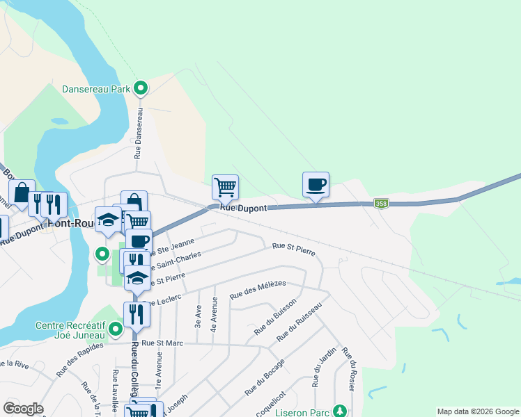 map of restaurants, bars, coffee shops, grocery stores, and more near Rue Dupont in Pont-Rouge