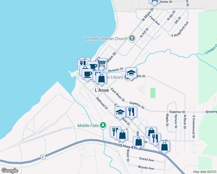 map of restaurants, bars, coffee shops, grocery stores, and more near 201 East River Street in L'Anse