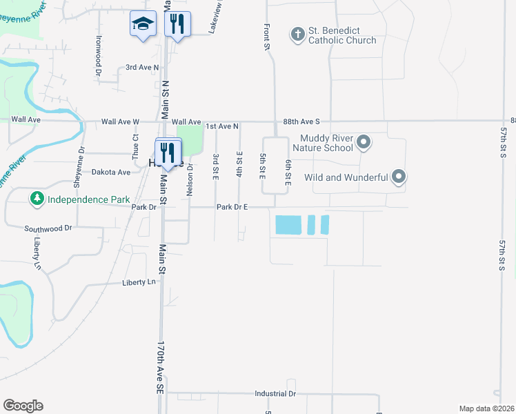 map of restaurants, bars, coffee shops, grocery stores, and more near Park Drive East in Horace