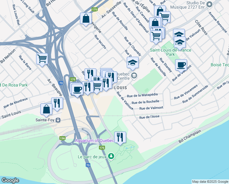 map of restaurants, bars, coffee shops, grocery stores, and more near 3117 Rue de Valmont in Québec