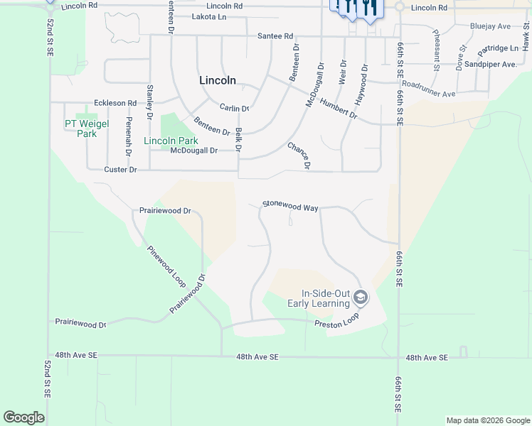 map of restaurants, bars, coffee shops, grocery stores, and more near 4295 Stonewood Way in Bismarck
