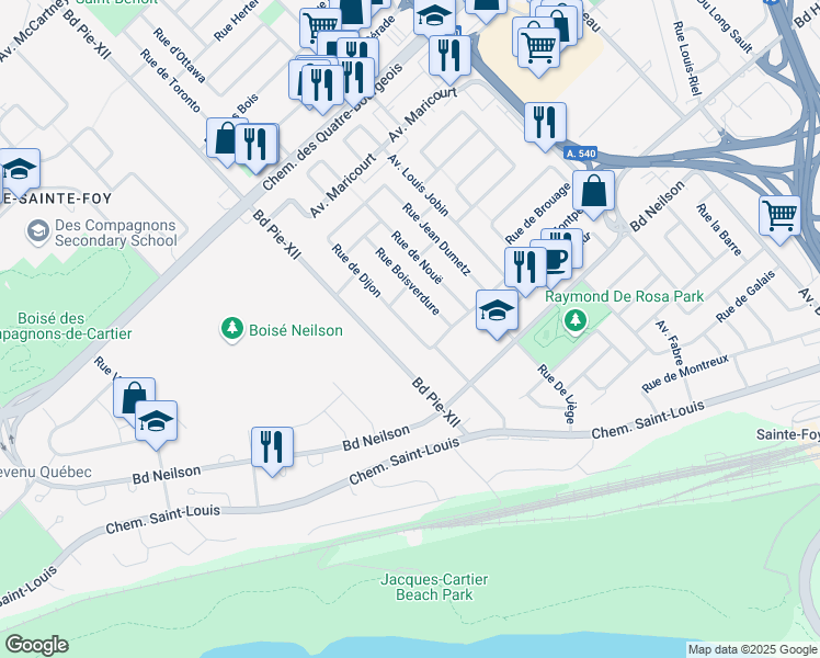 map of restaurants, bars, coffee shops, grocery stores, and more near Rue de Dijon in Québec