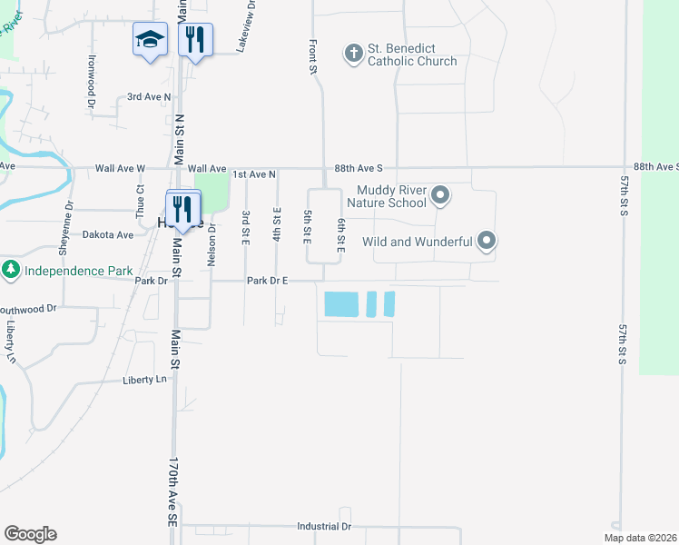 map of restaurants, bars, coffee shops, grocery stores, and more near Park Drive East in Horace