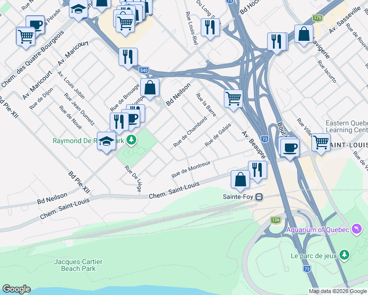 map of restaurants, bars, coffee shops, grocery stores, and more near 1143 Avenue Fabre in Québec