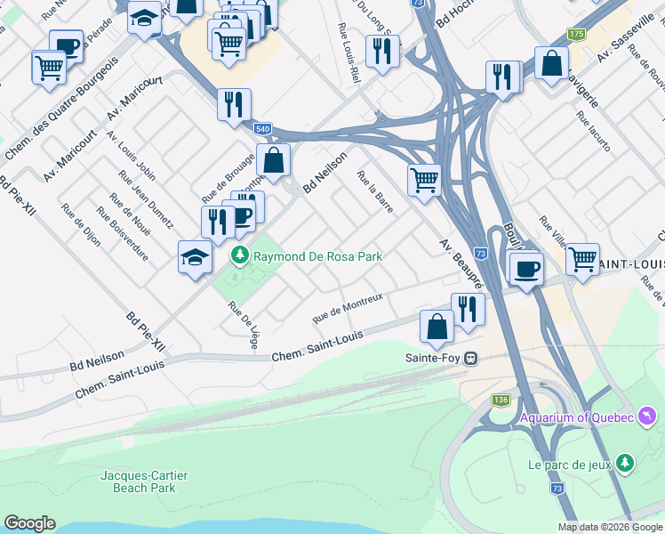 map of restaurants, bars, coffee shops, grocery stores, and more near 1139 Avenue Fabre in Québec