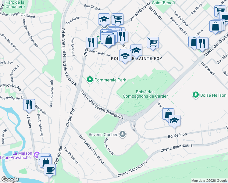 map of restaurants, bars, coffee shops, grocery stores, and more near 3715 Avenue des Compagnons in Québec