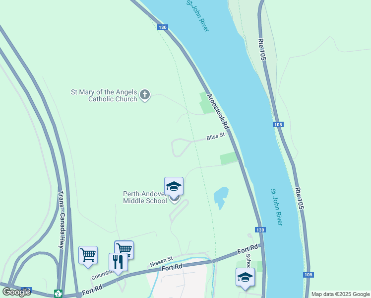 map of restaurants, bars, coffee shops, grocery stores, and more near 45 Bliss Street in Perth-Andover