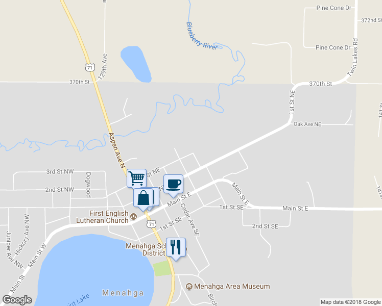 map of restaurants, bars, coffee shops, grocery stores, and more near 327 2nd Street Northeast in Menahga