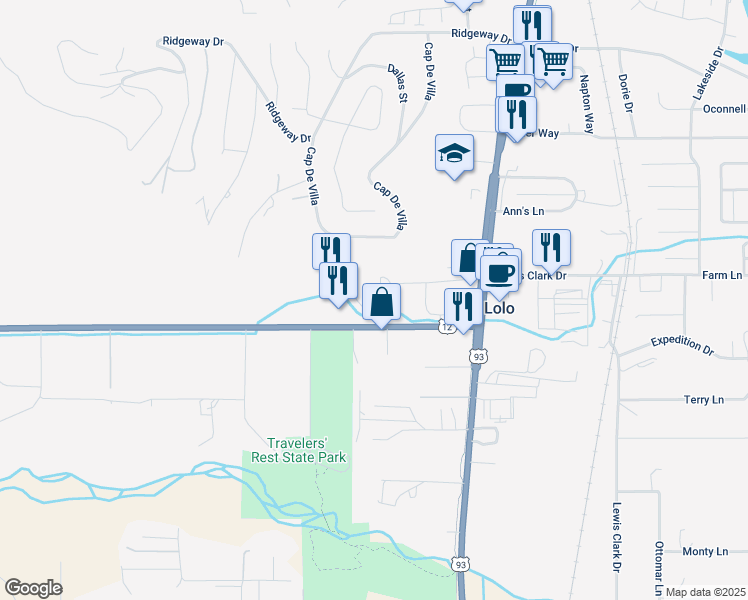 map of restaurants, bars, coffee shops, grocery stores, and more near 11851 Lolo Vista Drive in Lolo
