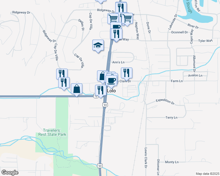 map of restaurants, bars, coffee shops, grocery stores, and more near 11880 U.S. 93 in Lolo