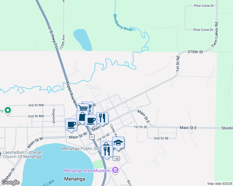 map of restaurants, bars, coffee shops, grocery stores, and more near 327 2nd Street Northeast in Menahga