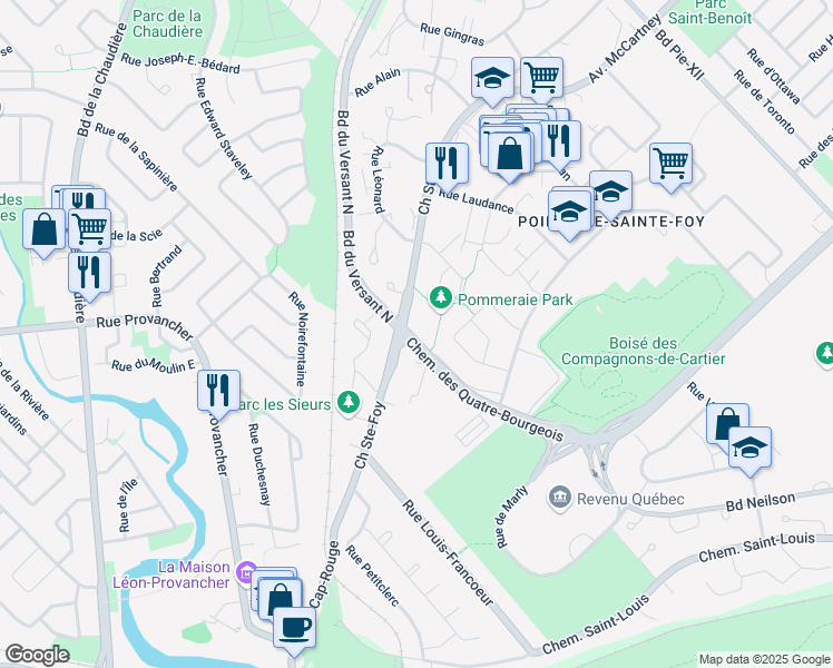 map of restaurants, bars, coffee shops, grocery stores, and more near 3980 Chemin des Quatre Bourgeois in Québec