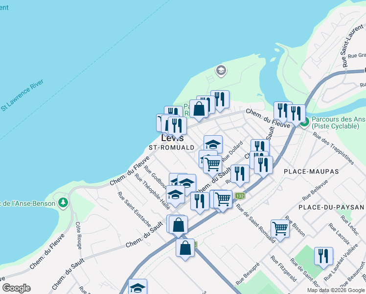 map of restaurants, bars, coffee shops, grocery stores, and more near 101 Rue de Saint-Romuald in Lévis