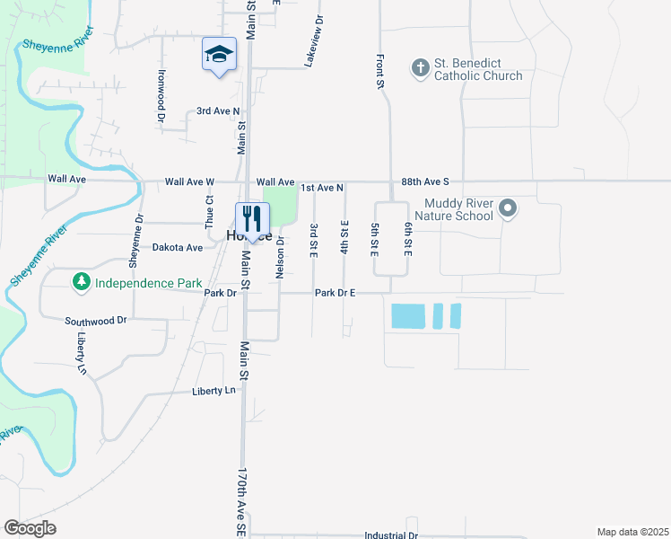 map of restaurants, bars, coffee shops, grocery stores, and more near 418 3rd Street East in Horace