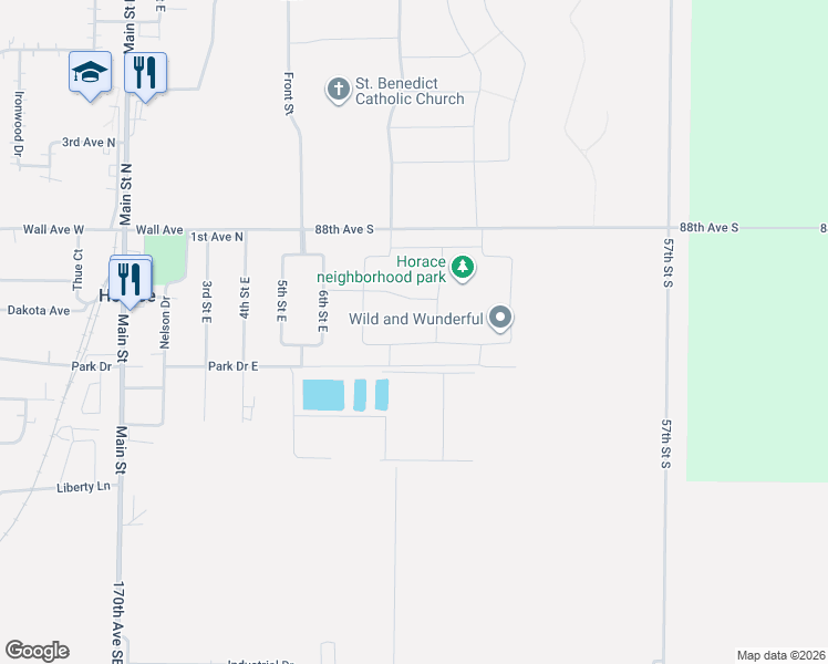 map of restaurants, bars, coffee shops, grocery stores, and more near 420 6th Street East in Horace