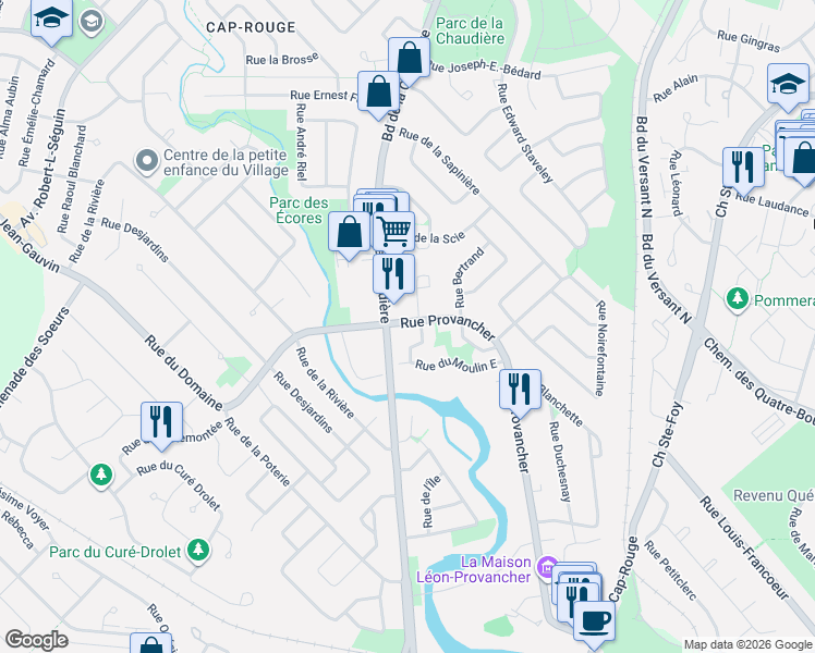 map of restaurants, bars, coffee shops, grocery stores, and more near 1240 Rue Provancher in Québec