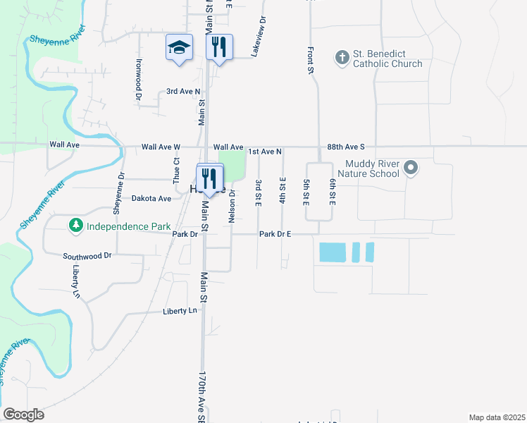 map of restaurants, bars, coffee shops, grocery stores, and more near 418 3rd Street East in Horace