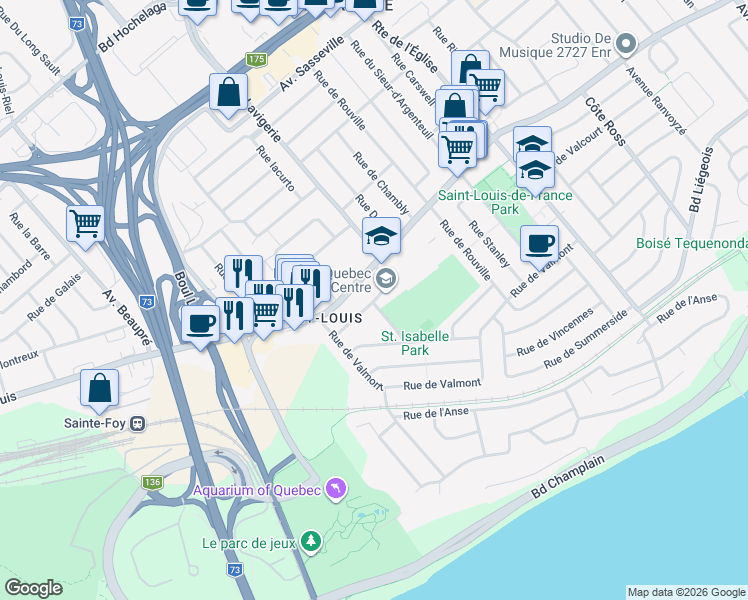 map of restaurants, bars, coffee shops, grocery stores, and more near 3026 Rue William Stuart in Quebec City