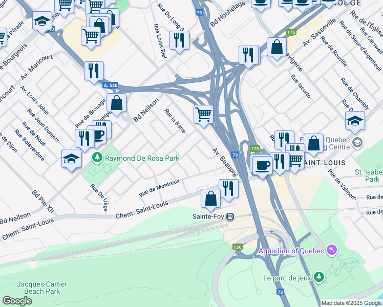 map of restaurants, bars, coffee shops, grocery stores, and more near 3113 Rue de Galais in Québec