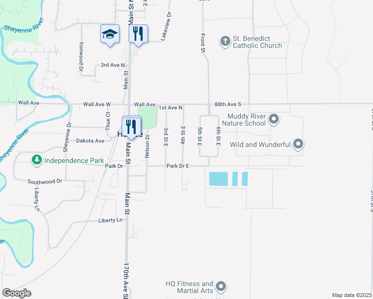 map of restaurants, bars, coffee shops, grocery stores, and more near 418 4th Street East in Horace