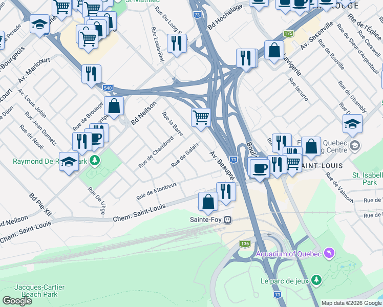 map of restaurants, bars, coffee shops, grocery stores, and more near 3111 Rue de Galais in Québec