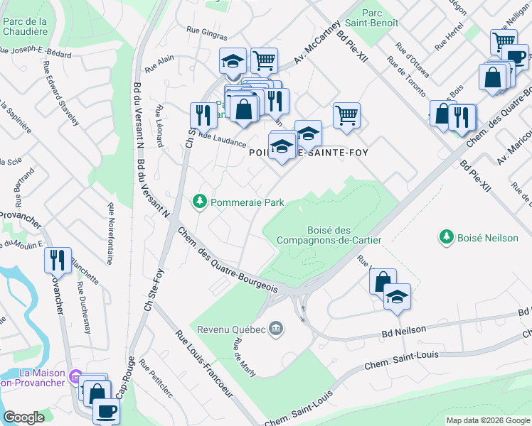 map of restaurants, bars, coffee shops, grocery stores, and more near 3707 Avenue des Compagnons in Québec