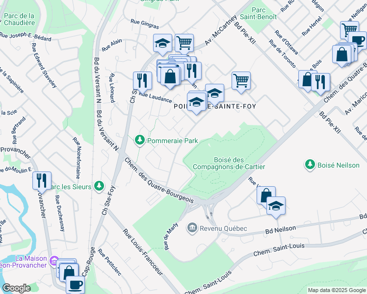 map of restaurants, bars, coffee shops, grocery stores, and more near 3707 Avenue des Compagnons in Ville de Québec