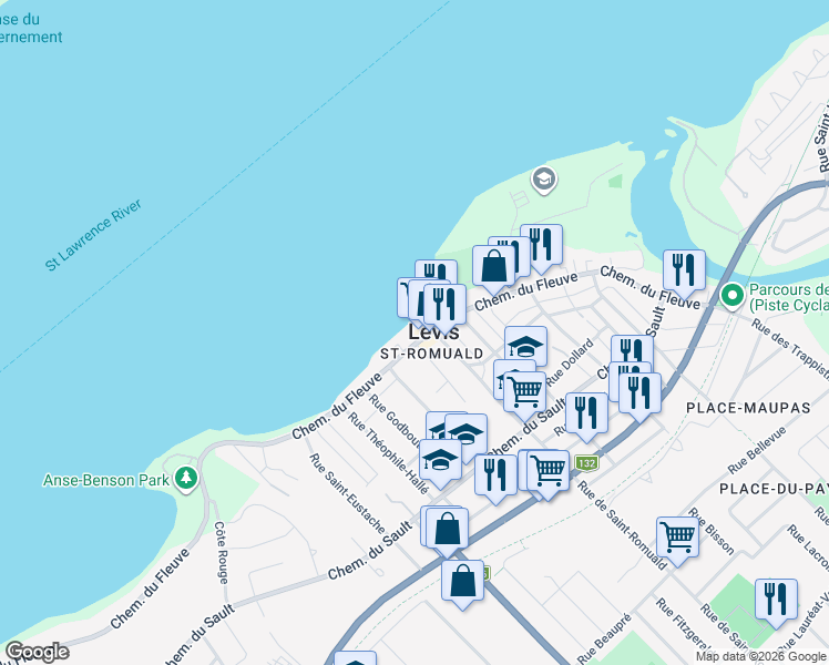 map of restaurants, bars, coffee shops, grocery stores, and more near 2161 Chemin du Fleuve in Lévis