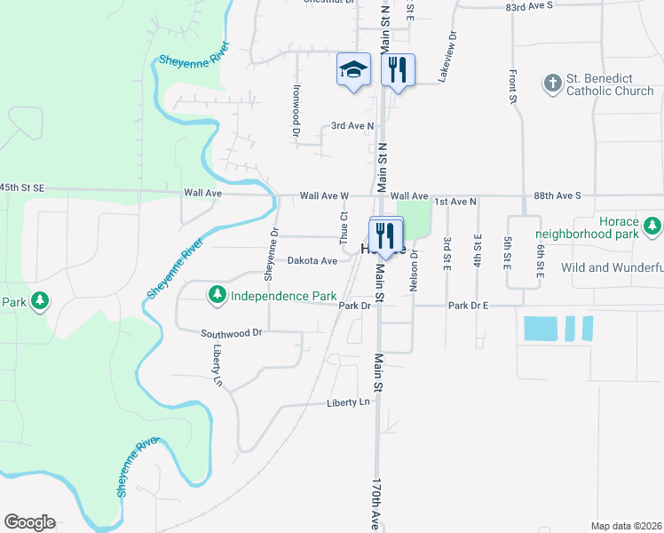 map of restaurants, bars, coffee shops, grocery stores, and more near 207 Dakota Avenue in Horace