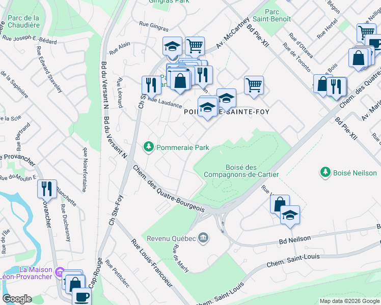 map of restaurants, bars, coffee shops, grocery stores, and more near 3707 Avenue des Compagnons in Quebec
