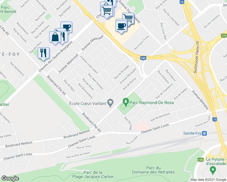 map of restaurants, bars, coffee shops, grocery stores, and more near 3389 Avenue Montpetit in Ville de Québec