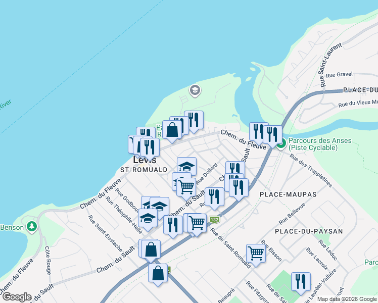 map of restaurants, bars, coffee shops, grocery stores, and more near 2306 Rue Saint Albert in Lévis