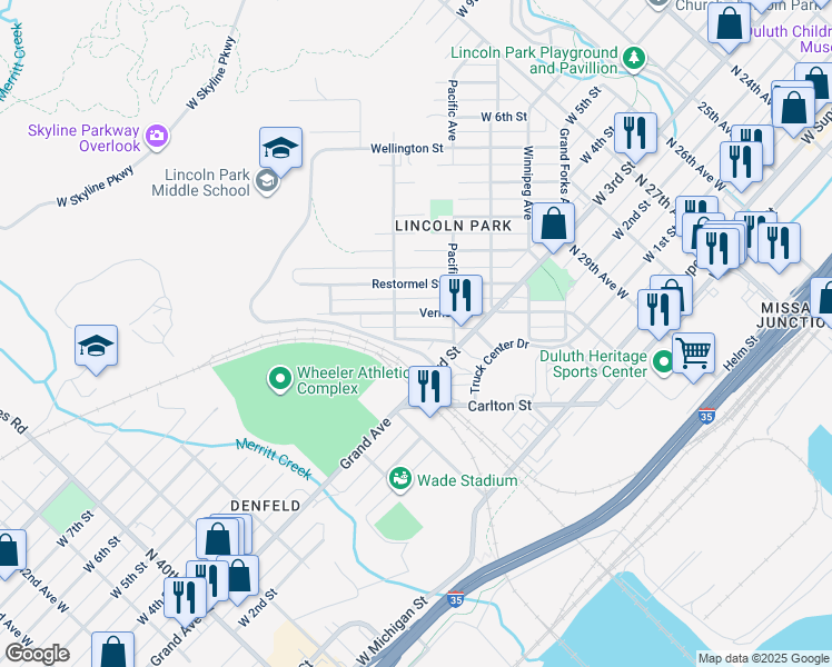 map of restaurants, bars, coffee shops, grocery stores, and more near 3227 Chestnut Street in Duluth