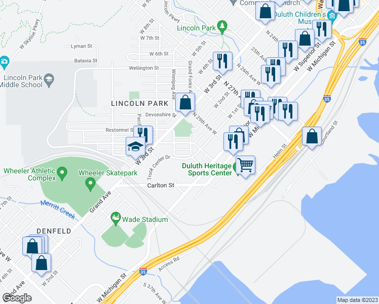 map of restaurants, bars, coffee shops, grocery stores, and more near 3051 Chestnut Street in Duluth