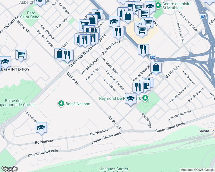 map of restaurants, bars, coffee shops, grocery stores, and more near 1040 Rue de Nouë in Québec