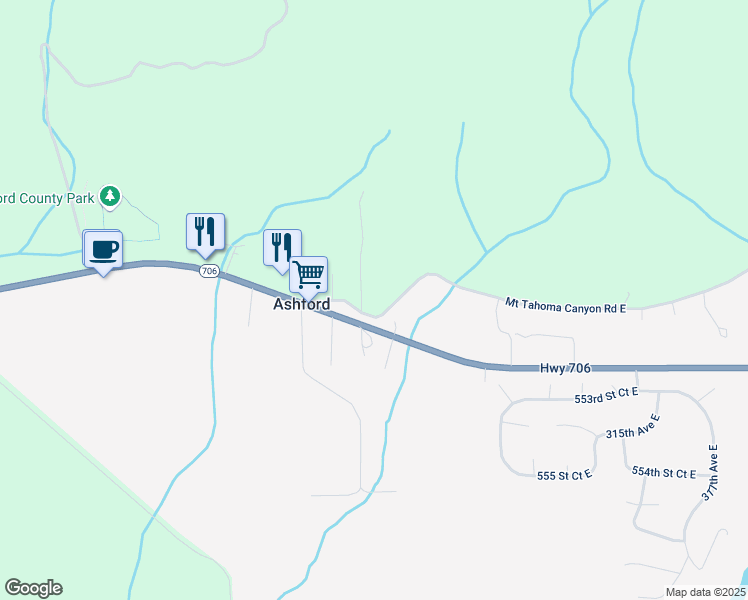 map of restaurants, bars, coffee shops, grocery stores, and more near 30715 Mount Tahoma Canyon Road East in Ashford