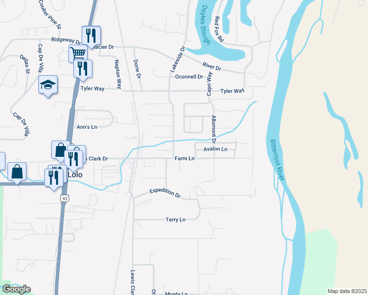map of restaurants, bars, coffee shops, grocery stores, and more near 206 Lakeside Drive in Lolo