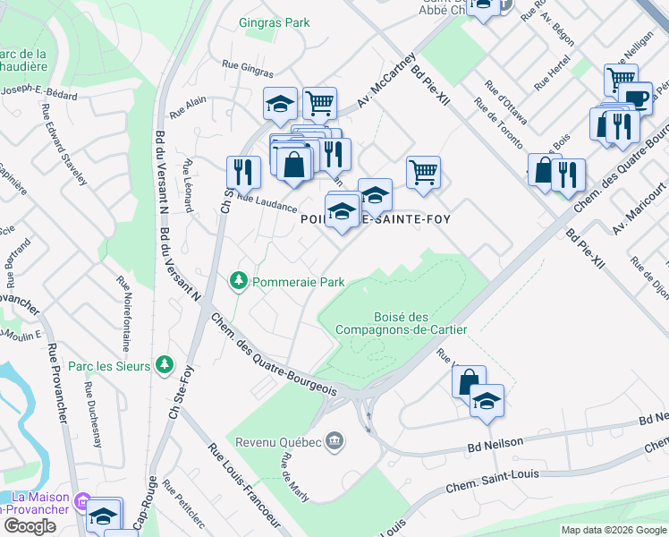 map of restaurants, bars, coffee shops, grocery stores, and more near 3699 Avenue des Compagnons in Ville de Québec