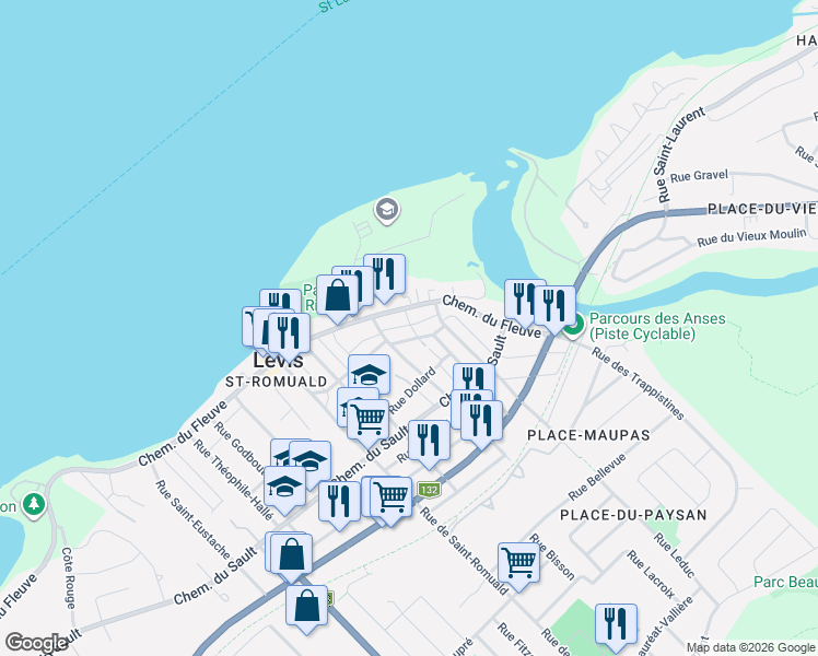 map of restaurants, bars, coffee shops, grocery stores, and more near 2346 Rue Saint Albert in Lévis