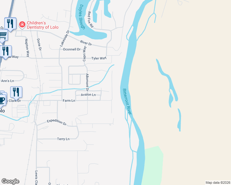 map of restaurants, bars, coffee shops, grocery stores, and more near 11605 Hughes Court in Lolo