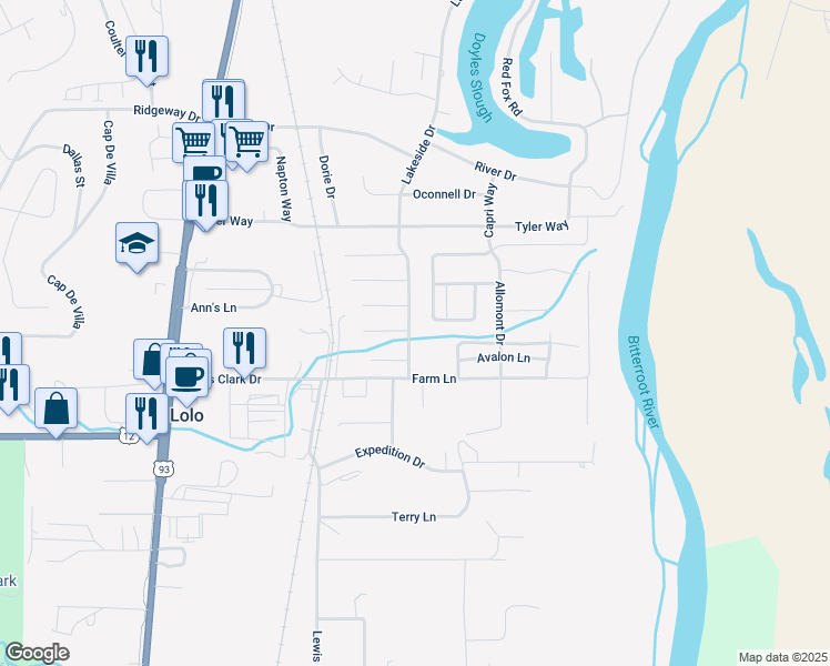map of restaurants, bars, coffee shops, grocery stores, and more near 206 Lakeside Dr in Lolo